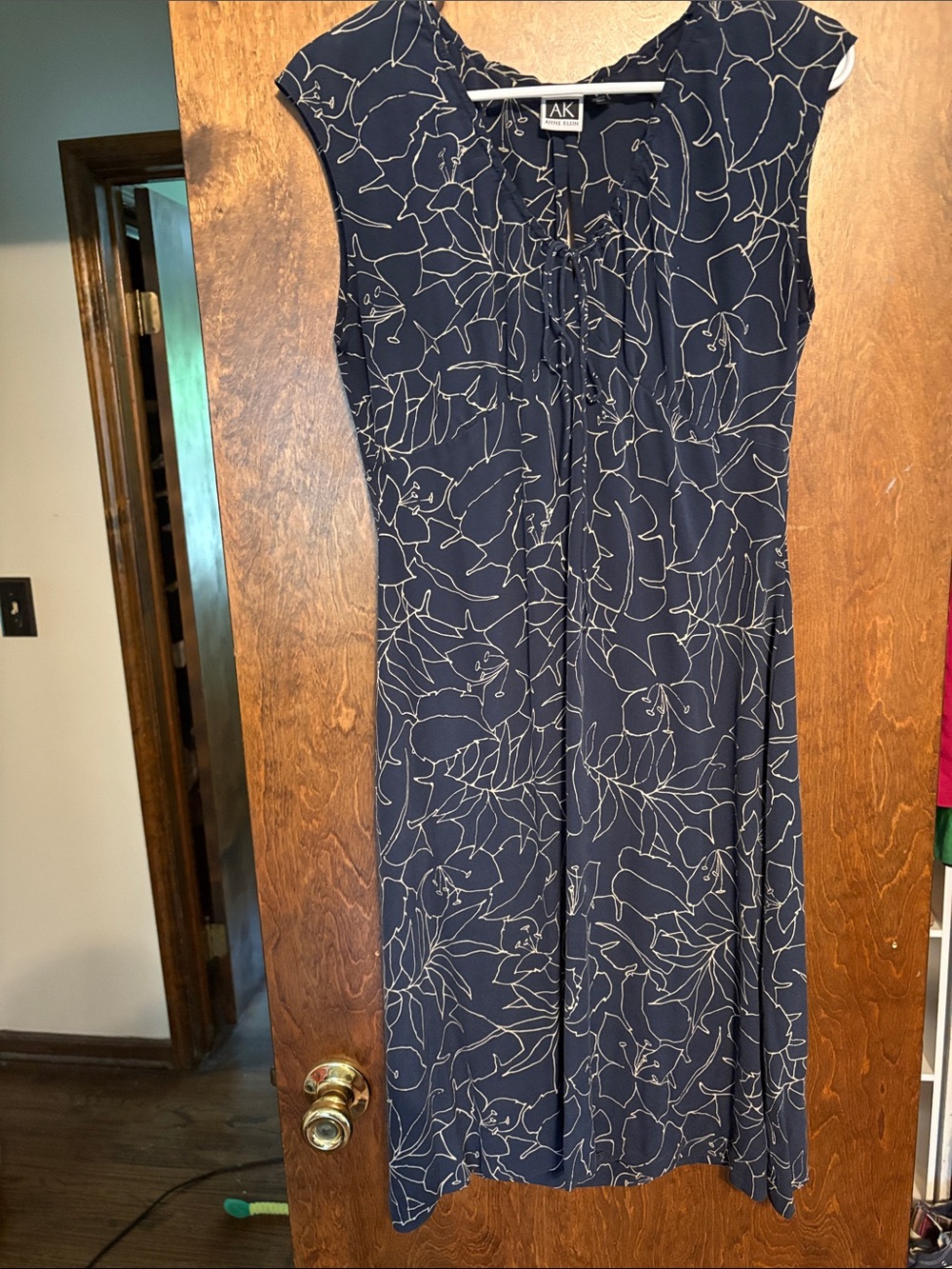 Anne Klein Navy Blue Floral Print Cap-Sleeve Dress